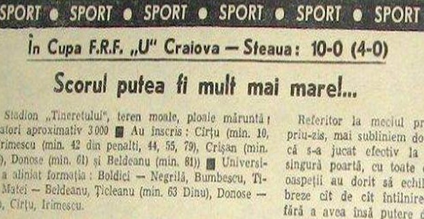 Astăzi se împlinesc 39 de ani de la Craiova - Steaua 10 - 0