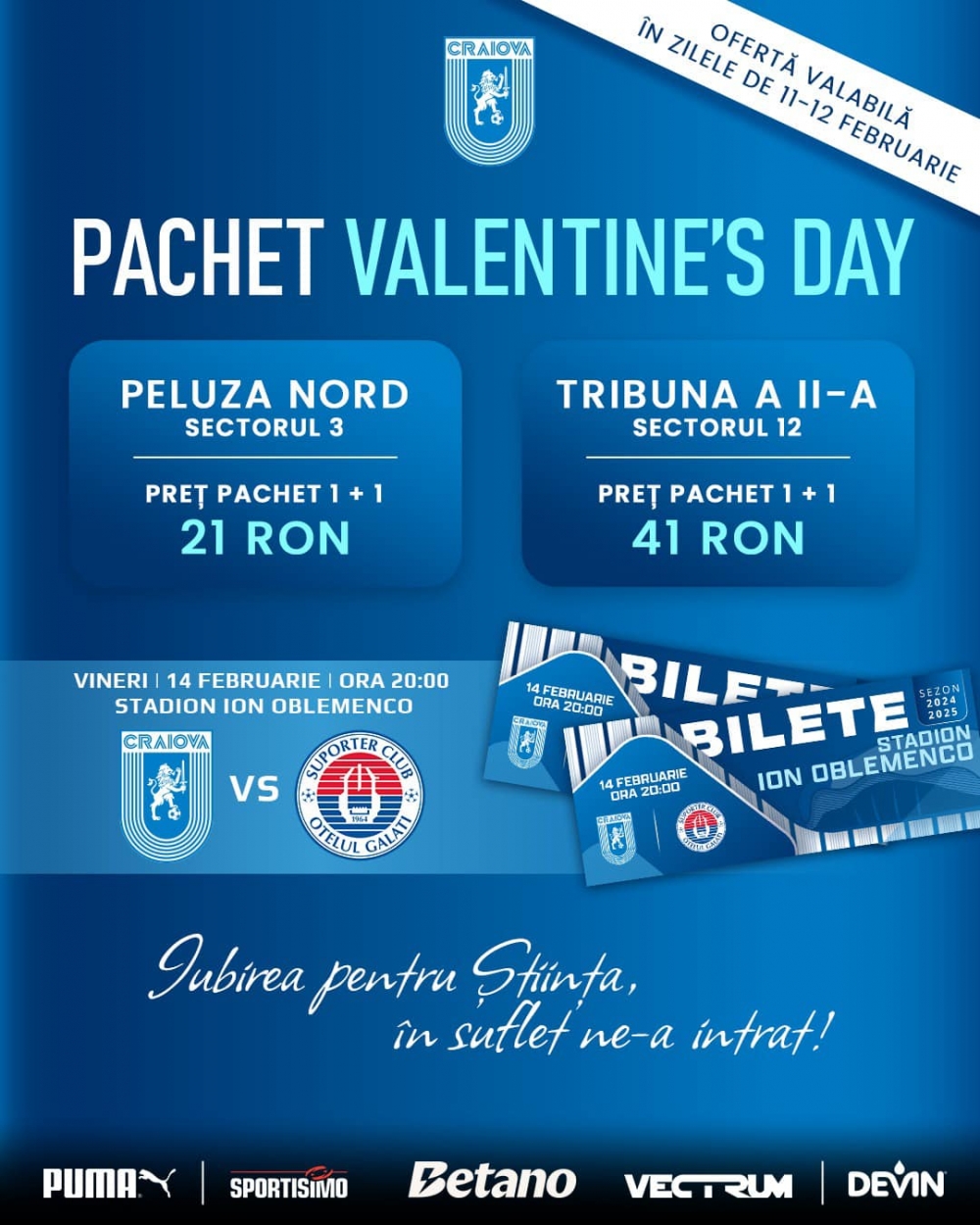 Pachet Valentine’s Day la meciul cu Oțelul Galați