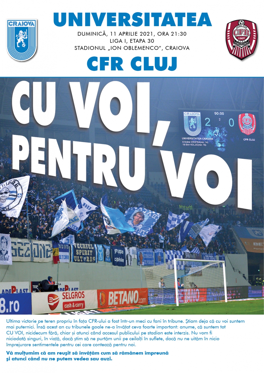 Programul de meci cu CFR Cluj, în format digital