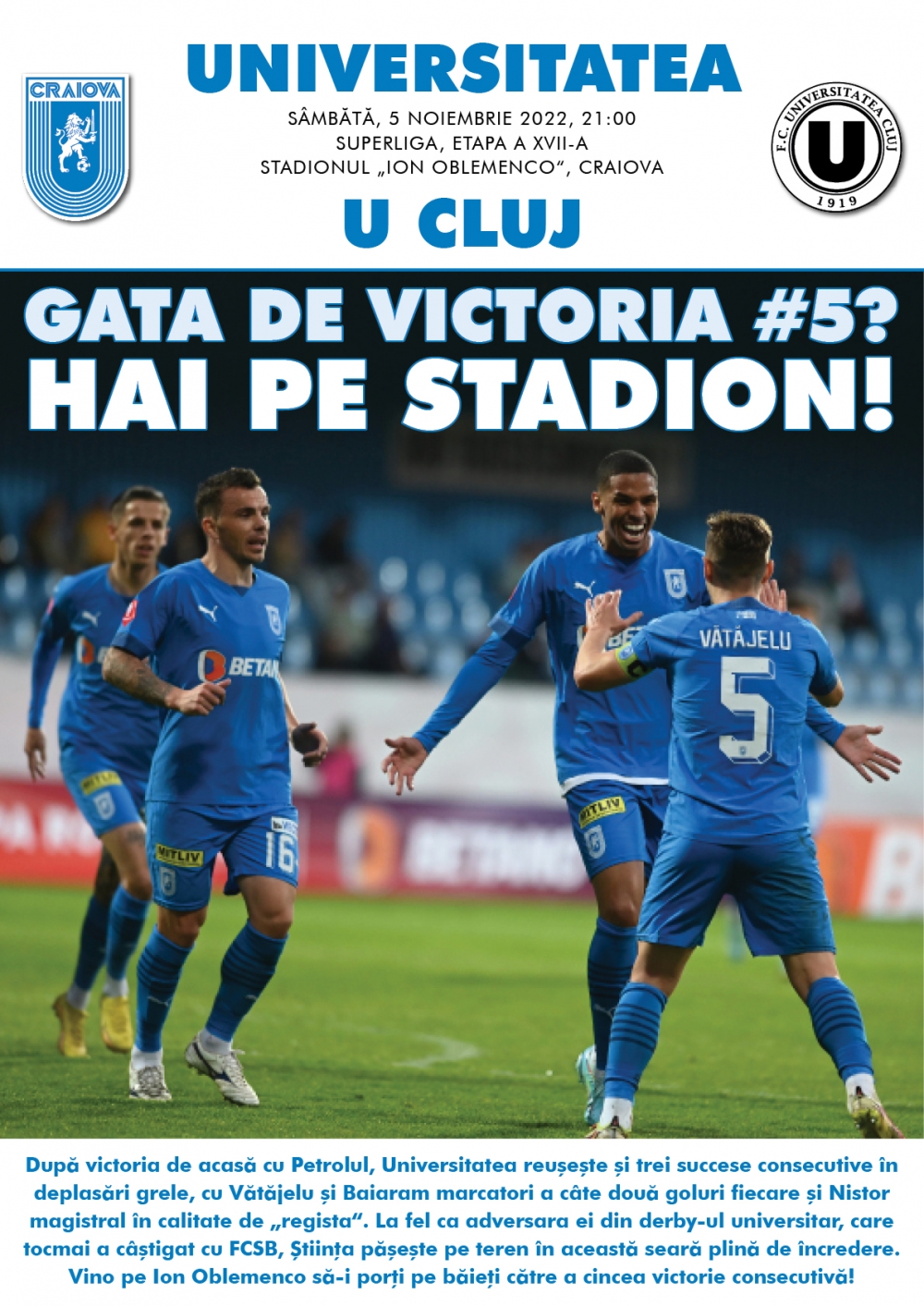Programul de meci cu „U” Cluj, în format digital