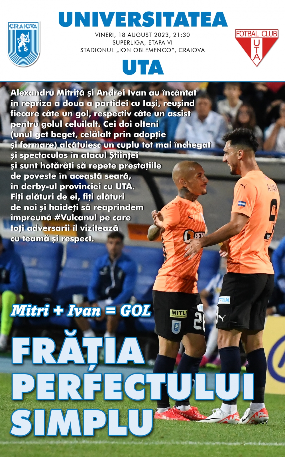 Programul de meci cu UTA Arad, în format digital