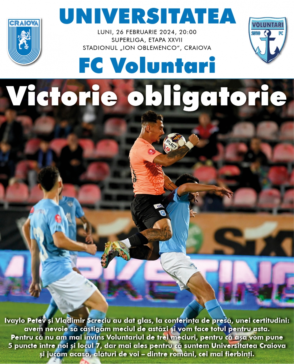 Programul de meci cu FC Voluntari, în format digital